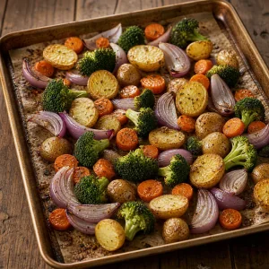 Broccoli and red onion added to par-roasted potatoes and carrots