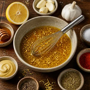 Lemon garlic marinade whisked with mustard, honey, and spices