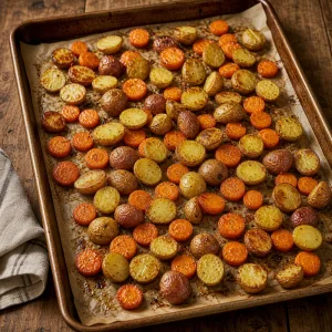 Lightly roasted potatoes and carrots on a hot sheet pan
