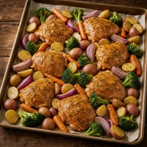Marinated chicken thighs nestled among vegetables on the sheet pan