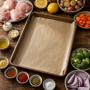Parchment-lined sheet pan with chicken and vegetables nearby