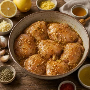 Raw chicken thighs coated in glossy lemon garlic marinade