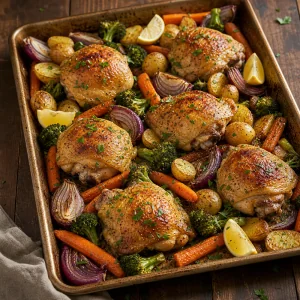 Roasted lemon garlic chicken with caramelized vegetables and parsley