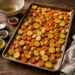 Seasoned baby potatoes and carrot coins spread on a sheet pan