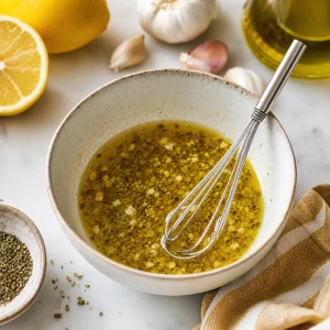 Lemon garlic butter mixture whisked with oregano in a small bowl