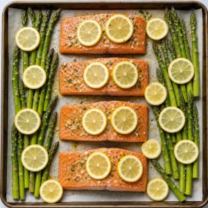 Lemon rounds arranged over salmon fillets and asparagus before baking