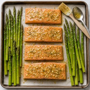 Salmon fillets placed between asparagus and seasoned with salt and pepper