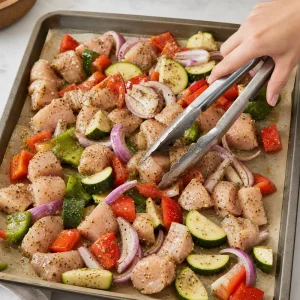 Chicken and vegetables tossed on the sheet pan with olive oil, oregano, garlic powder, salt, and pepper