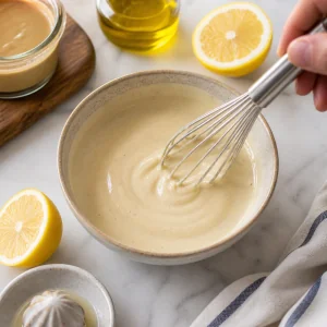 Creamy lemon tahini sauce being whisked in a small bowl