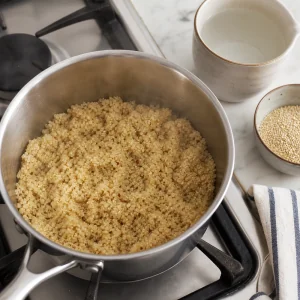 Fluffy quinoa cooking in a saucepan for Mediterranean chicken bowls
