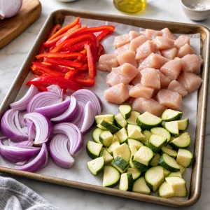 Raw chicken, bell peppers, red onion, and zucchini arranged on a parchment-lined sheet pan