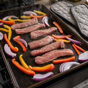 Rohes Schweinefleisch und Gemüse zischen in einer Schicht auf einem heißen Blech