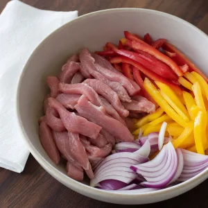 Rohe Schweinefleischstreifen in einer Schüssel mit Paprika und roter Zwiebel