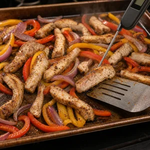 Geröstetes Schweinefleisch und Paprika auf dem Blech mit Garthermometer