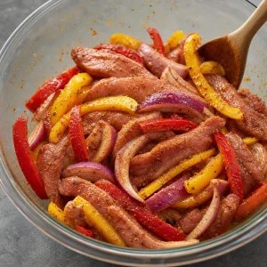 Gewürzte rohe Schweinefleischstreifen mit Paprika und roter Zwiebel in einer Schüssel
