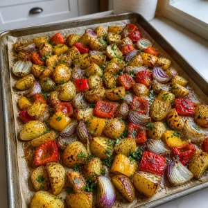 Patate arrosto finite con peperoni, cipolle e prezzemolo fresco