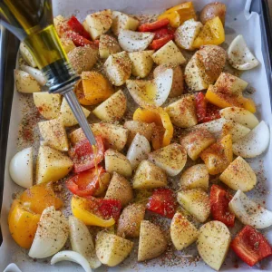 Olio d’oliva e spezie sparsi su patate, peperoni e cipolle