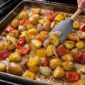 Patate, peperoni e cipolle arrostiti mescolati a metà cottura