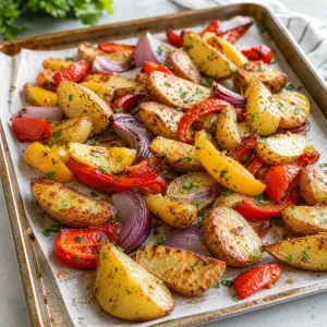 Blechkartoffeln mit Paprika und Zwiebeln, garniert mit Petersilie