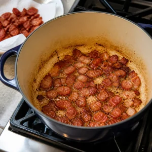 Chopped bacon crisping in a Dutch oven with rendered fat
