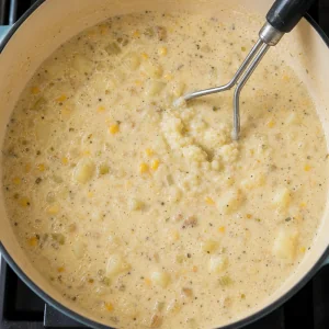 Creamy chowder base with potatoes and corn being thickened