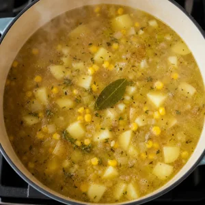 Potatoes and corn simmering in seafood stock with thyme and bay leaf