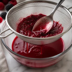 Beeren Coulis wird durch ein feines Sieb passiert wobei die Kerne zurueckbleiben