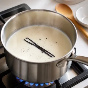 Sahne und Milch werden sanft mit Vanillesamen und Schote erhitzt