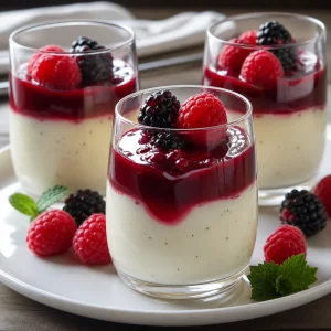 Panna cotta soyeuse aux baies terminee avec coulis framboises et mures