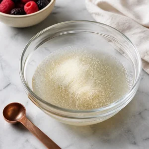Gelatinepulver quillt auf kaltem Wasser in einer kleinen Glasschale