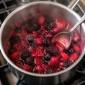 Gemischte Beeren koecheln mit Zitronensaft und Puderzucker zu glaenzendem Coulis