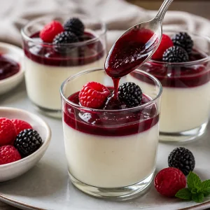Feste Panna Cotta serviert mit Beeren Coulis frischen Himbeeren und Brombeeren