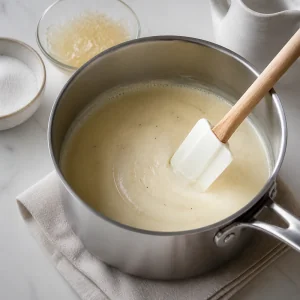 Zucker und gequollene Gelatine werden in warme Vanillecreme eingeruehrt bis sie sich aufloesen