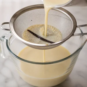 Vanillecreme Mischung wird durch ein feines Sieb in eine Glasschale passiert