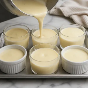 Vanille Panna Cotta Mischung wird in kleine Glaeser und Foermchen auf einem Tablett gegossen