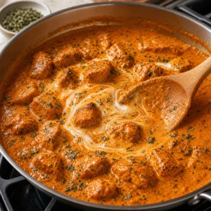 Butter chicken cozinhando em molho cremoso de tomate com kasuri methi
