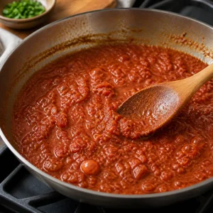 Molho de tomate triturado fervendo e reduzindo na frigideira