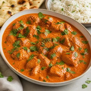 Butter chicken pronto guarnecido com coentro fresco e servido quente