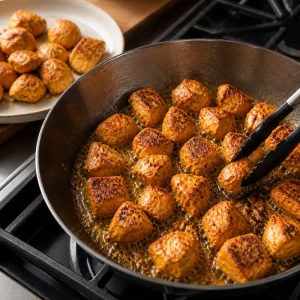 Cubos de frango marinado selando na frigideira até dourar