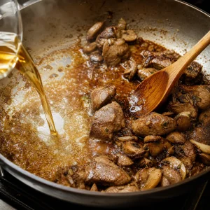 Brandy deglazing the pan with seared livers mushrooms and browned bits