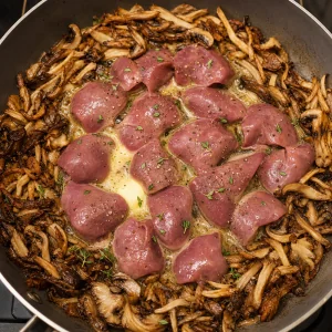 Chicken livers added to the skillet with mushrooms butter thyme salt and pepper
