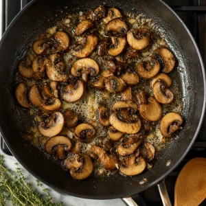 Sliced cremini mushrooms cooking in butter until golden brown