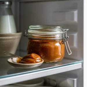 Chilled jar of thick dulce de leche in the refrigerator
