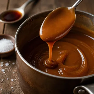 Deep amber dulce de leche coating a spoon