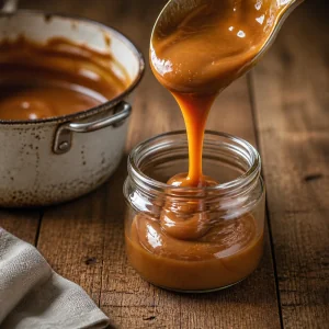 Glossy dulce de leche poured into a jar