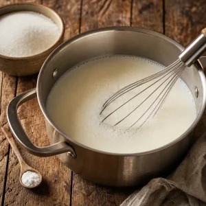 Milk, sugar, and baking soda whisked in a wide saucepan