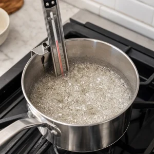 Candy thermometer clipped to a saucepan of boiling sugar syrup for halva