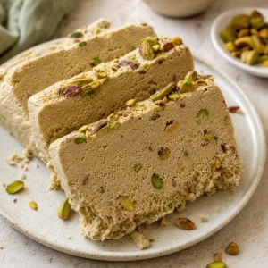 Finished homemade tahini halva sliced with toasted pistachios on a plate