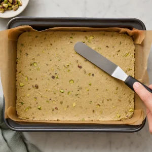 Pistachio halva smoothed flat in a parchment lined loaf pan with a spatula