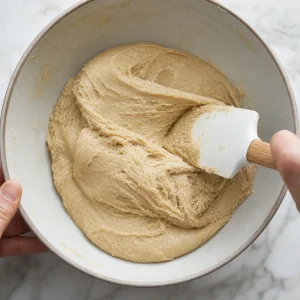 Thick tahini halva mixture folded until matte and fibrous